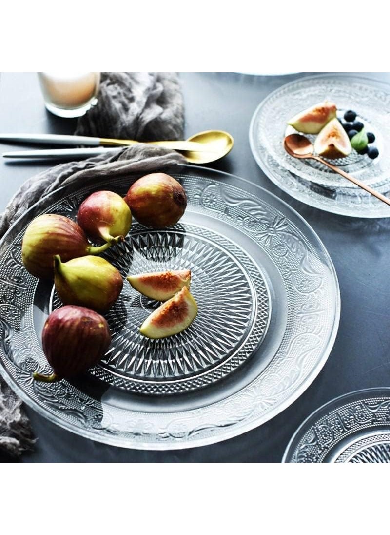 BLISS START BLISS START 7 inch Crystal Clear Glass Plate Snack Plate Serving Plate Round Clear Glass Plate Vintage Embossed Dinnerware for Catering Event Dinner PartiesWedding 6 Pcs  - Image 3