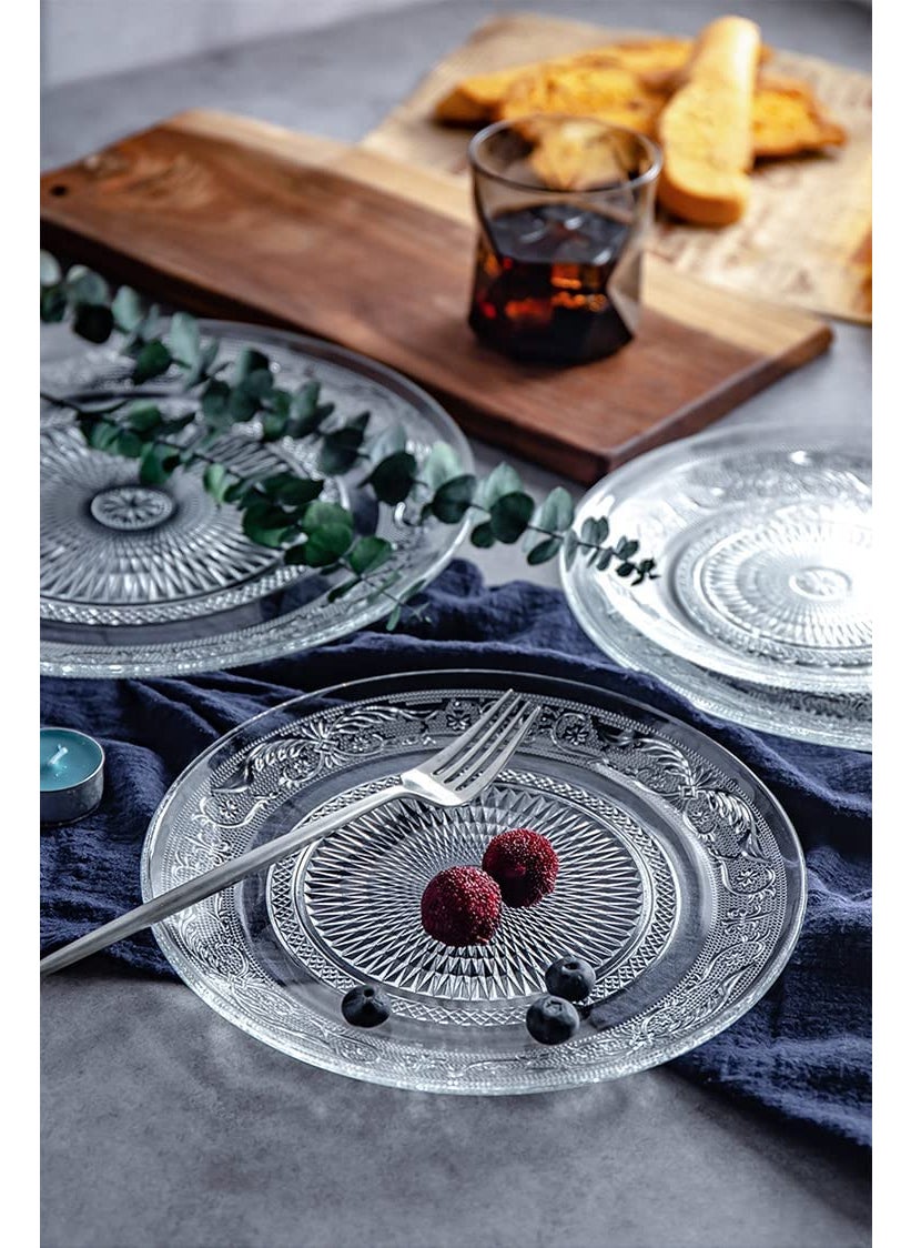 BLISS START BLISS START 7 inch Crystal Clear Glass Plate Snack Plate Serving Plate Round Clear Glass Plate Vintage Embossed Dinnerware for Catering Event Dinner PartiesWedding 6 Pcs  - Image 4