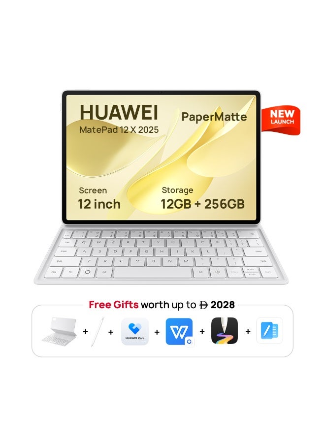 HUAWEI MatePad 12X 2025 Tablet 2.8K 12-inch PaperMatte Display, 144Hz, 12+256GB, 10100 mAh Battery, 66W SuperCharge, WiFi 7, WPS Office, 6 Speakers, UItra-light Keyboard + Free M-Pencil Pro, White