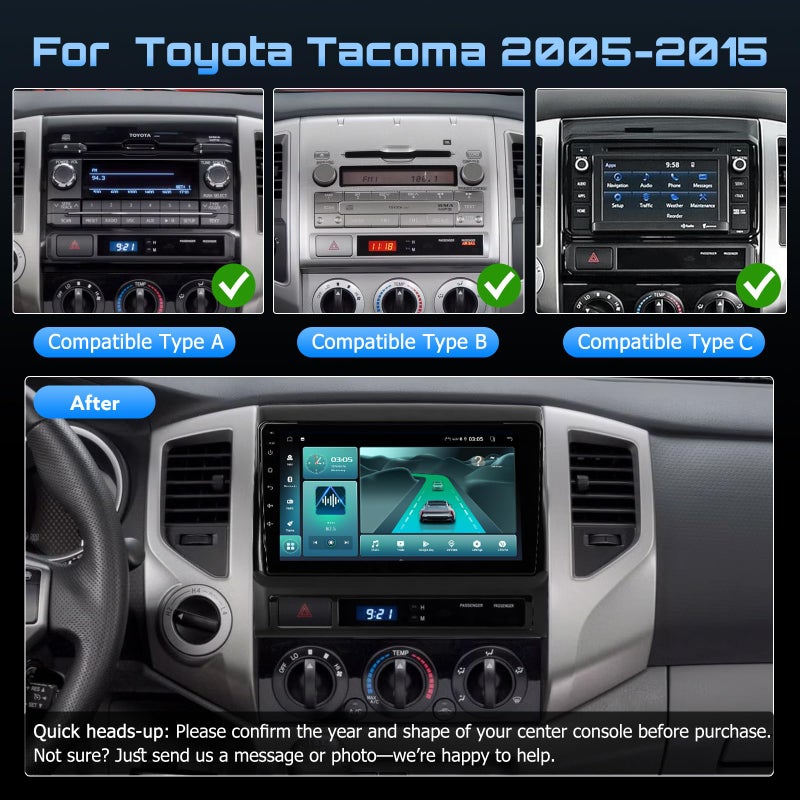 WonVon Upgraded 9'' Car Stereo/Radio for Toyota Tacoma 2005-2015, CarPlay/Android Auto/Android 13/2G+64G/GPS Navigation/Backup Camera,Built in Cooling Fan - Image 2