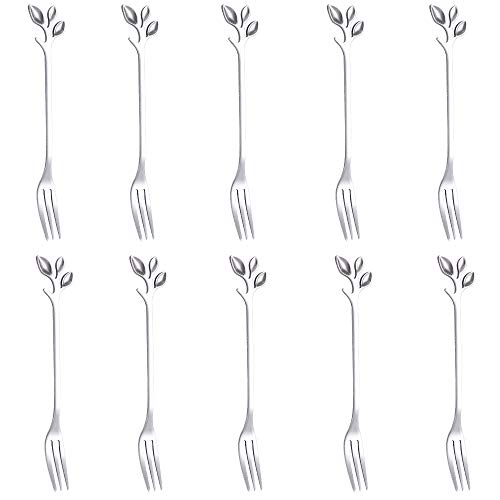 AnSaw 10-Piece Silver Mini Leaf Dessert Forks Set - 4.7" Elegant Stainless Steel Fruit, Appetizer, Cake & Salad Forks - Perfect for Cocktail Parties & Home Use - Image 1