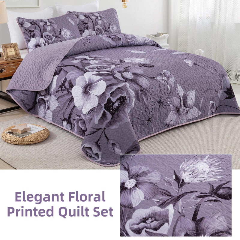 Drucon Floral Quilt Set King Size Bedding Set 3 Pieces Dark Purple Boho Floral Quilt Bedspread Soft Microfiber Lightweight Flower Coverlet Set with 2 Pillow Shams for All Season 90"x104" - Image 4