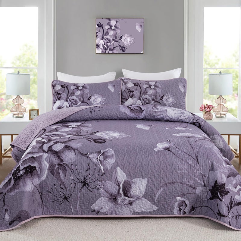 Drucon Floral Quilt Set King Size Bedding Set 3 Pieces Dark Purple Boho Floral Quilt Bedspread Soft Microfiber Lightweight Flower Coverlet Set with 2 Pillow Shams for All Season 90"x104" - Image 1