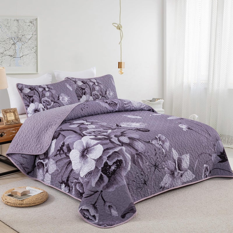Drucon Floral Quilt Set King Size Bedding Set 3 Pieces Dark Purple Boho Floral Quilt Bedspread Soft Microfiber Lightweight Flower Coverlet Set with 2 Pillow Shams for All Season 90"x104" - Image 2