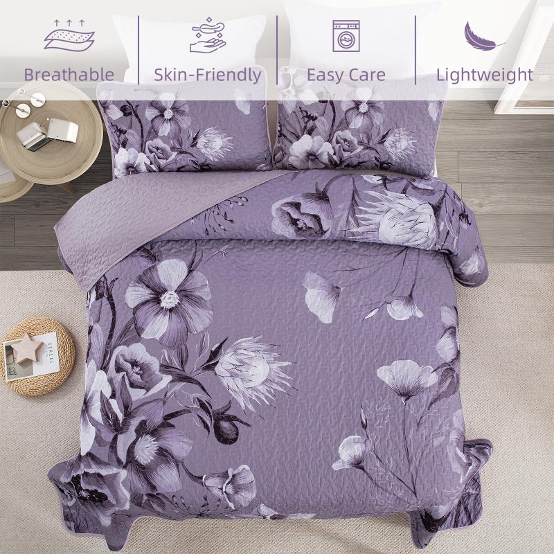Drucon Floral Quilt Set King Size Bedding Set 3 Pieces Dark Purple Boho Floral Quilt Bedspread Soft Microfiber Lightweight Flower Coverlet Set with 2 Pillow Shams for All Season 90"x104" - Image 5