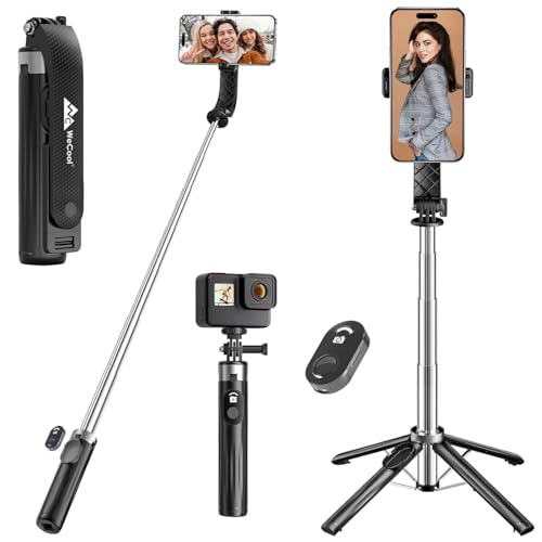 WeCool S3 Selfie Stick Tripod for Mobile with 360° Rotation Offers a 4-Leg Stable Base, extends up to 102 cm, Supports Bluetooth 5.2 with 10m Range, and fits Phones, GoPro, and Cameras via 1/4" Screw. - Image 1