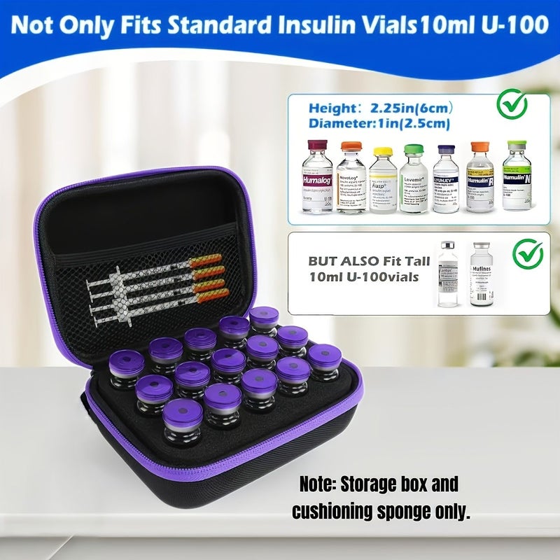 15 Slots Purple And Black Color Scheme Insulin Vial Protective Case Portable Diabetic Medication Storage Pouch Organizer Rack For Standard 0.34oz Small Vials - Image 5