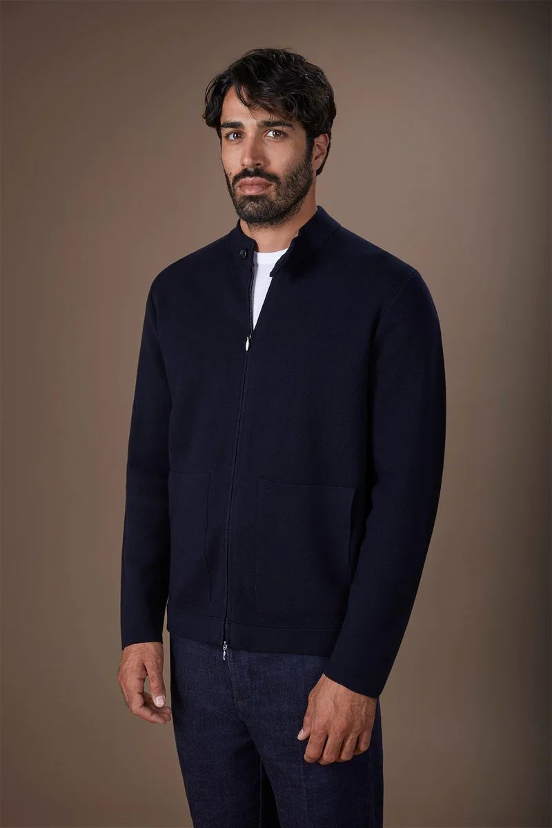 دوبل غانغر Men's biker jacket in 100% cotton Milano Point knit regular fit - DK Blue