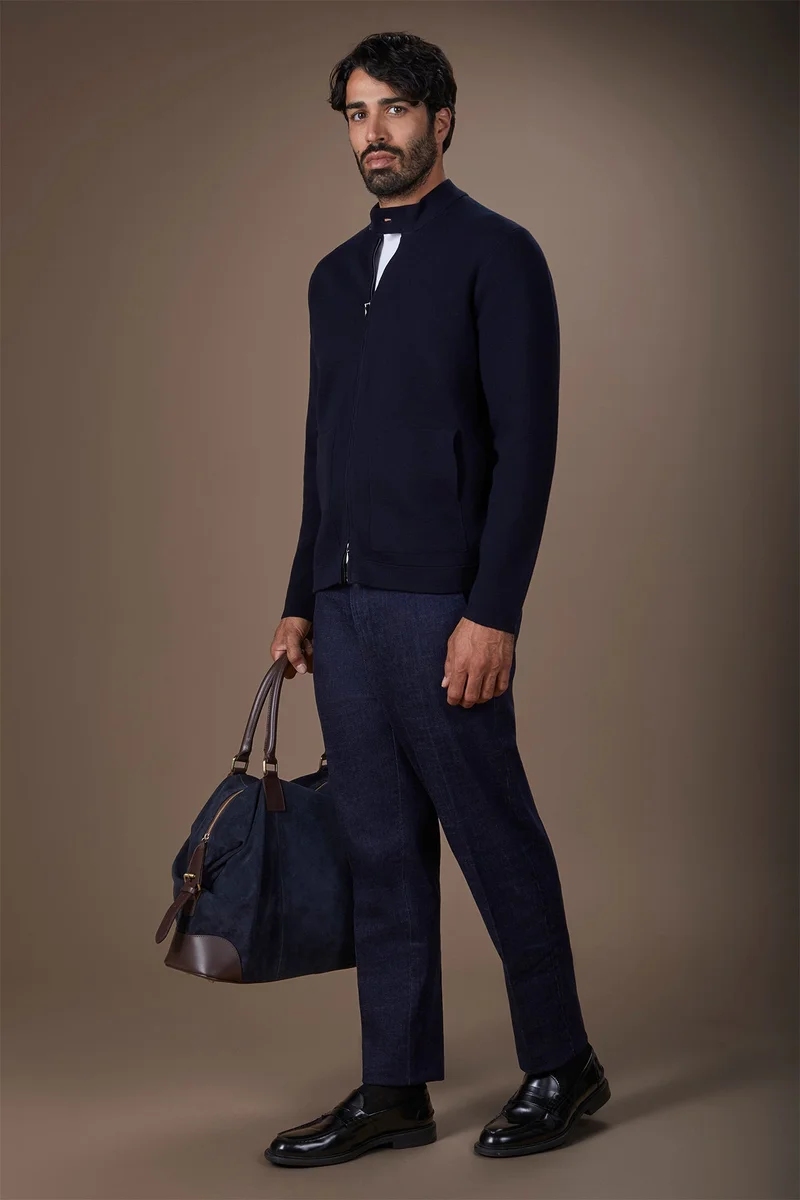 دوبل غانغر Men's biker jacket in 100% cotton Milano Point knit regular fit - DK Blue