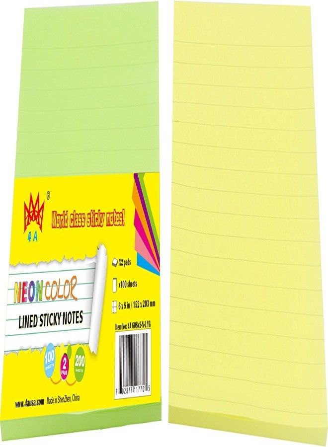 4A Sticky Notes,6 x 8 Inches,Large Size,Neon Green&Yellow,Lined,Self-Stick Notes,100 Sheets/Pad,2 Pads/Pack,4A 608x2-N-L-YG (4A 608x2-N-L YG) - Image 1
