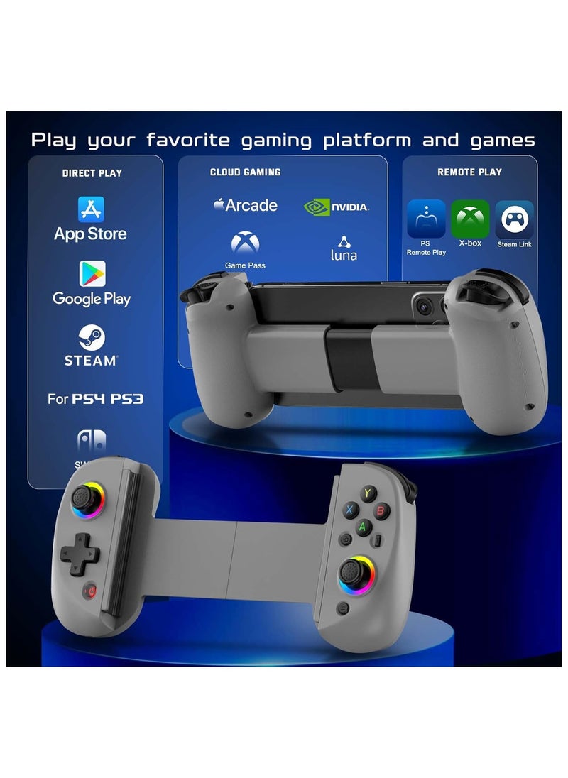 Generic D8 Mobile Gaming Controller for iPhone/Android/iPad/Tablet, Play Xbox Cloud, Playstation Remote Play, Steam/PC, Switch! RGB Hall Joystick/Trigger Wireless Bluetooth Phone Game Controller- Grey  - Image 2