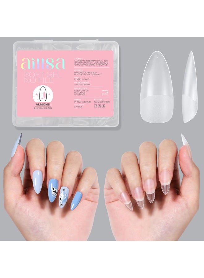 AILLSA Almond Full Cover Nail Tips Upgraded Matte Prefiled Gel Nails Tips False Gelly Press on Soft Nail Tip Medium Almond Shaped Nails for Nail Extensions DIY Holiday Gift (240Pcs 10 Sizes) - Image 1