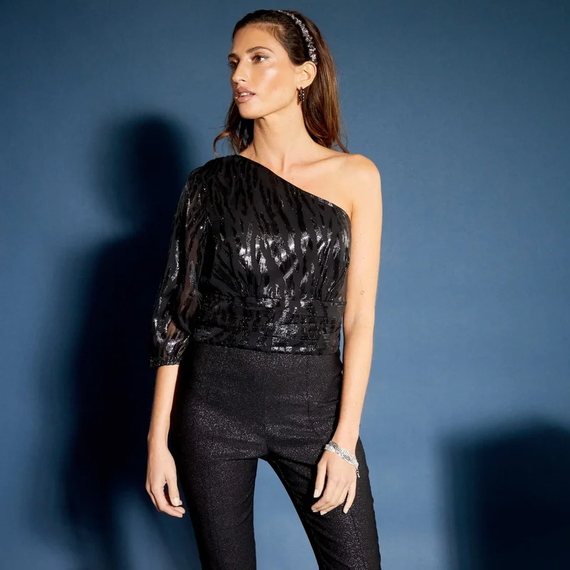 Kiabi Asymmetric Blouse With Iridescent Pattern Black