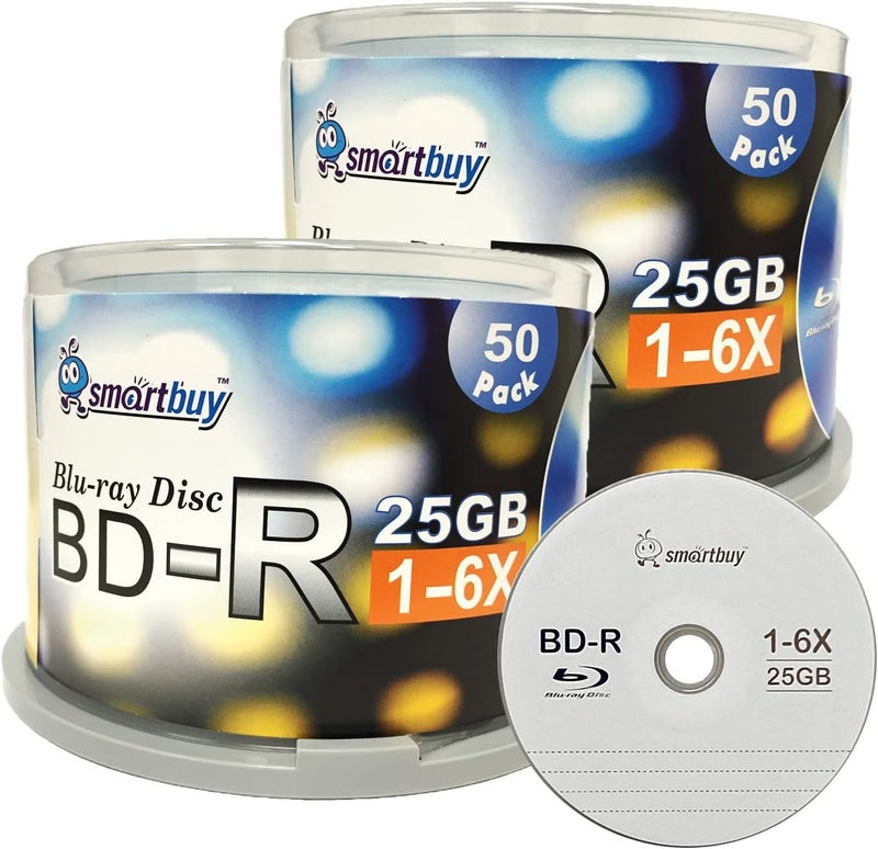 Smartbuy 100 قرص 25 جيجابايت 6X BD-R BDR بلو راي طبقة واحدة شعار السطح العلوي قرص بيانات فارغ قابل للتسجيل مع عبوة كيك بوكس/سبيندل - Image 1