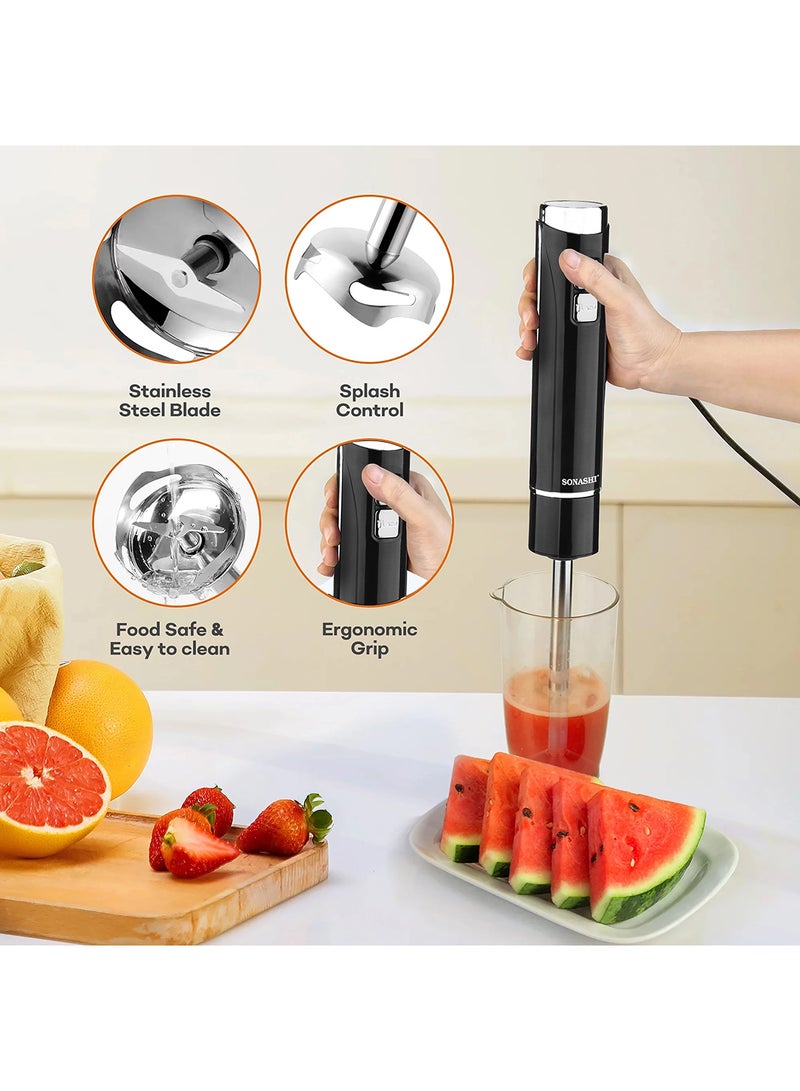 SONASHI 4-In-1 Hand Blender - Stainless Steel Blades with 2 Speed for Baby Food, Soup, Juice | 500ml Chopper Bowl, 700ml Plastic Jar and Blending Wand | Power Watt 250 SHB-185JCW Black - Image 5