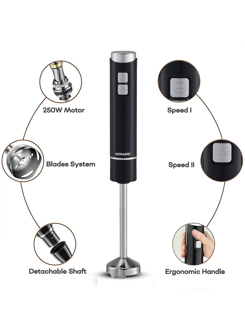 SONASHI 4-In-1 Hand Blender - Stainless Steel Blades with 2 Speed for Baby Food, Soup, Juice | 500ml Chopper Bowl, 700ml Plastic Jar and Blending Wand | Power Watt 250 SHB-185JCW Black - Image 3