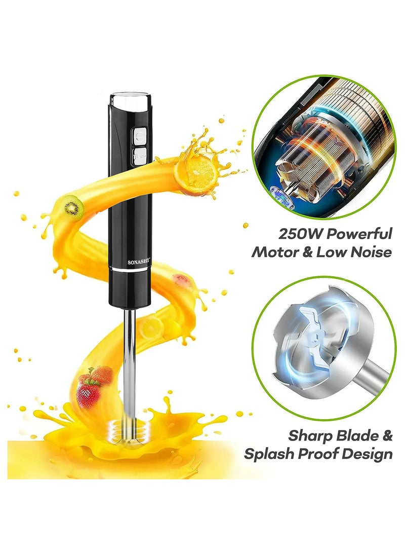 SONASHI 4-In-1 Hand Blender - Stainless Steel Blades with 2 Speed for Baby Food, Soup, Juice | 500ml Chopper Bowl, 700ml Plastic Jar and Blending Wand | Power Watt 250 SHB-185JCW Black - Image 4