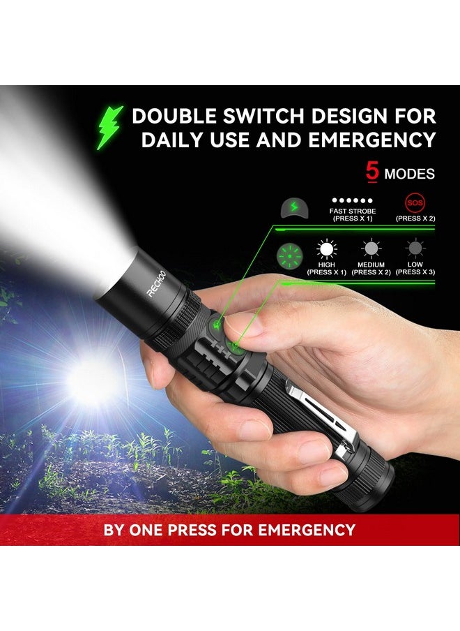 Rechoo Rechargeable Flashlights 2 Pack, RECHOO High Lumens LED Tactical Flashlight with Double Switch, Small Bright Flash Lights with 5 Modes, Zoomable, IP65 Waterproof for Camping, Hiking, Emergencies  - Image 1