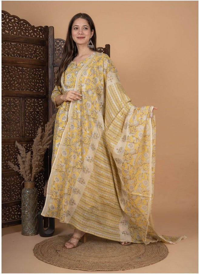 MEERA FAB Women's Cotton Printed Anarkali Kurta with Palazzo & Dupatta Set Yellow - pzsku/ZC06343413CF99390417EZ/45/_/1740119011/b9a7363f-91f7-4fde-9fb6-80e364d8578f