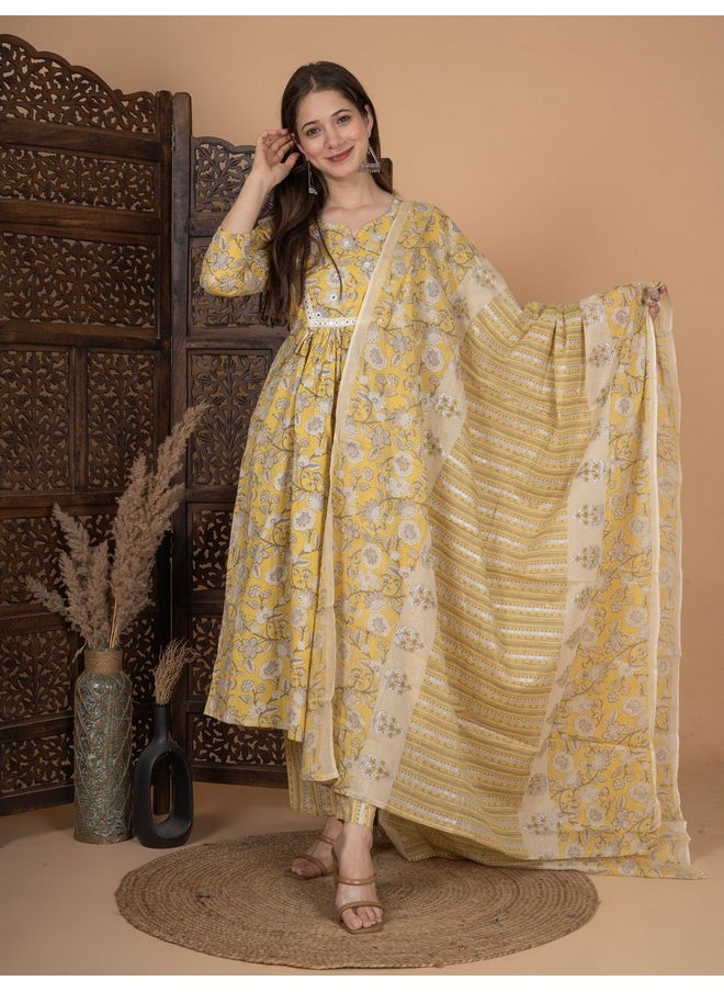 MEERA FAB Women's Cotton Printed Anarkali Kurta with Palazzo & Dupatta Set Yellow - pzsku/ZC06343413CF99390417EZ/45/_/1740119105/bee3246e-81c0-47b5-abe2-ba447f3aaa18