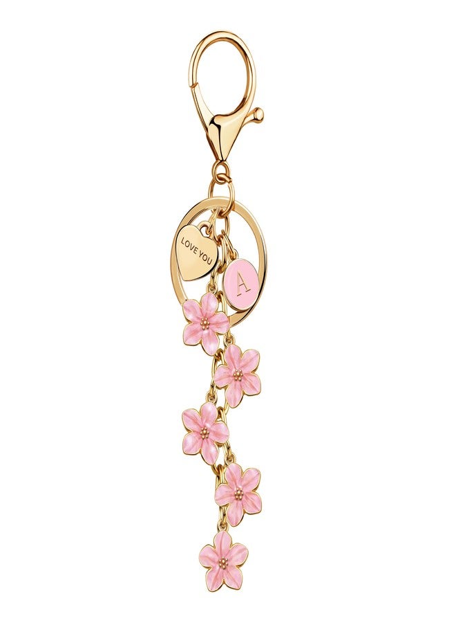 Suweibuke Cute Initial Letter Keychain with Love You Heart, Enamel Flower Charm for Key Handbag Backpack - Women Girls Gifts (Light Pink-A) - Image 1