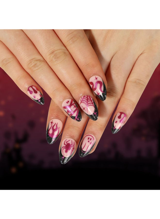 TBRZTR Halloween Press on Nails Almond Short Artificial Acrylic Fake Nails with Rose Red Snake Spider Web Designs 24 Pcs Full Cover Reusable Black French Coffin Glossy False Nails Glue on Nails for Women - Image 2