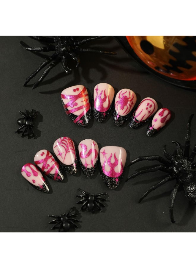 TBRZTR Halloween Press on Nails Almond Short Artificial Acrylic Fake Nails with Rose Red Snake Spider Web Designs 24 Pcs Full Cover Reusable Black French Coffin Glossy False Nails Glue on Nails for Women - Image 4