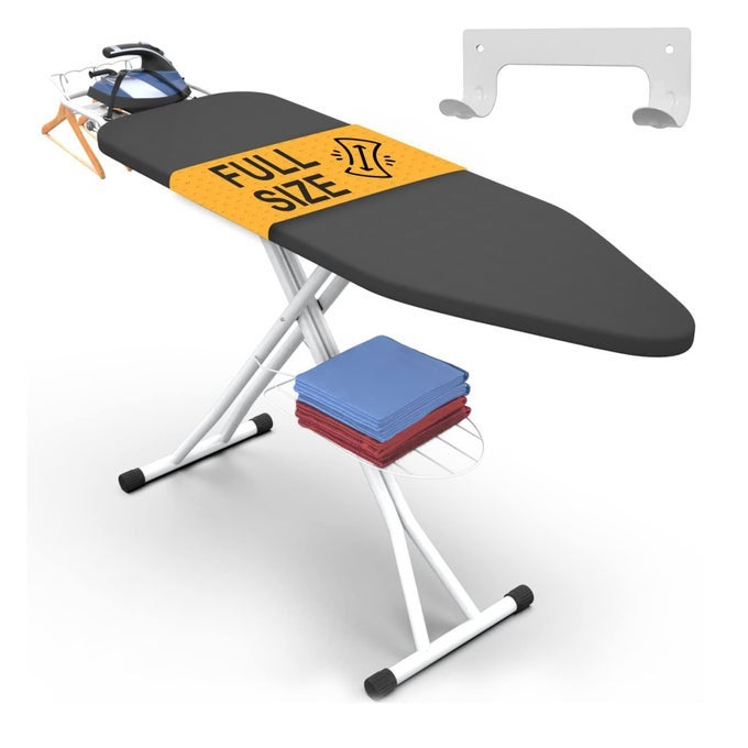 FULL SIZE IRONING BOARD 57 X 15 WITH WALL MOUNT HANGER FULL METAL CONSTRUCTION IRON BOARD BUILT IN IRON CADDY HEAT SCORCH RESISTANT FABRIC CORD HOLDER ANTISKID FEET HEAVY DUTY