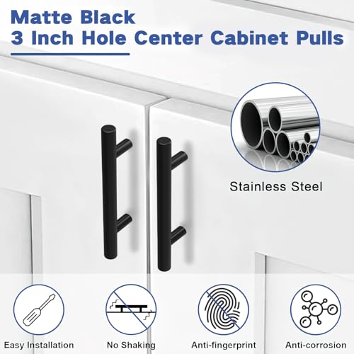 Estmoon 30 Pack Cabinet Handles Matte Black Cabinet Pulls with 3 Inch Hole Center, Stainless Steel Kitchen Cabinet Handles Black Kitchen Handles for Cabinets and Drawers, 76mm Hole Centers - Image 3