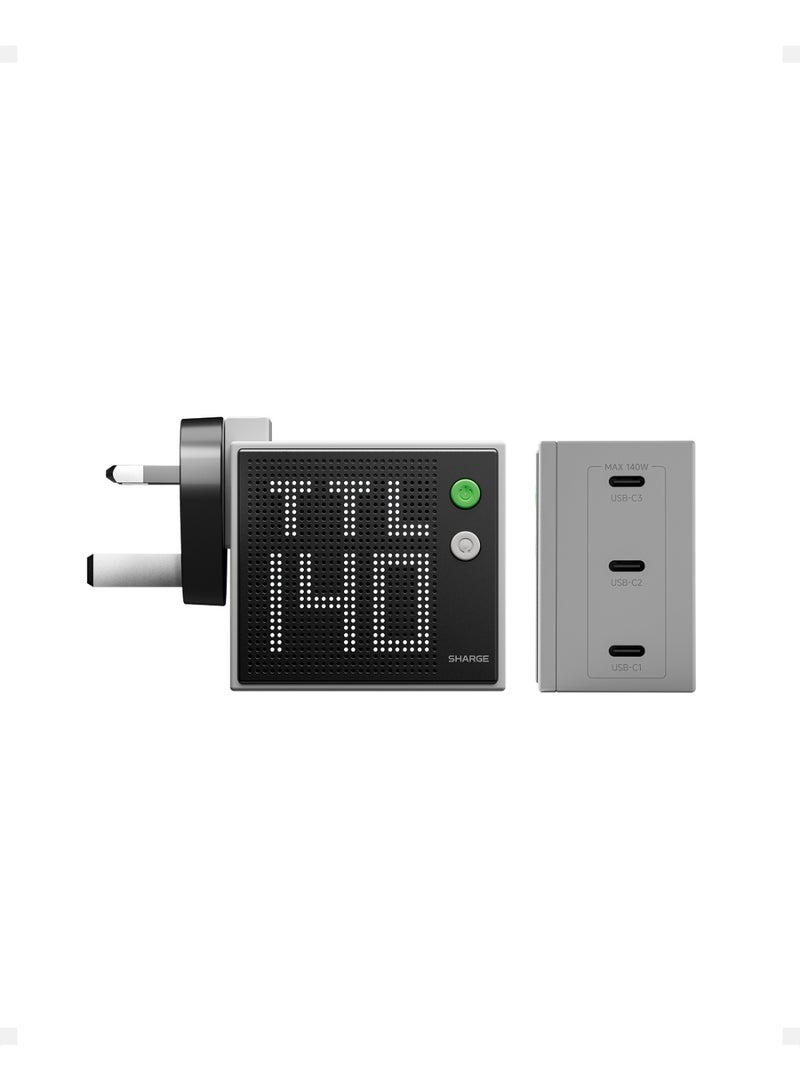 شارج شاحن SHARGE Pixel 140 بتقنية GaN وقوة 140 واط، شاحن سريع بـ 3 منافذ USB-C وشاشة عرض بنمط النقاط (Dot-Matrix)، مع قابس قابل للطي وتقنية GaN - لون رمادي - Image 5
