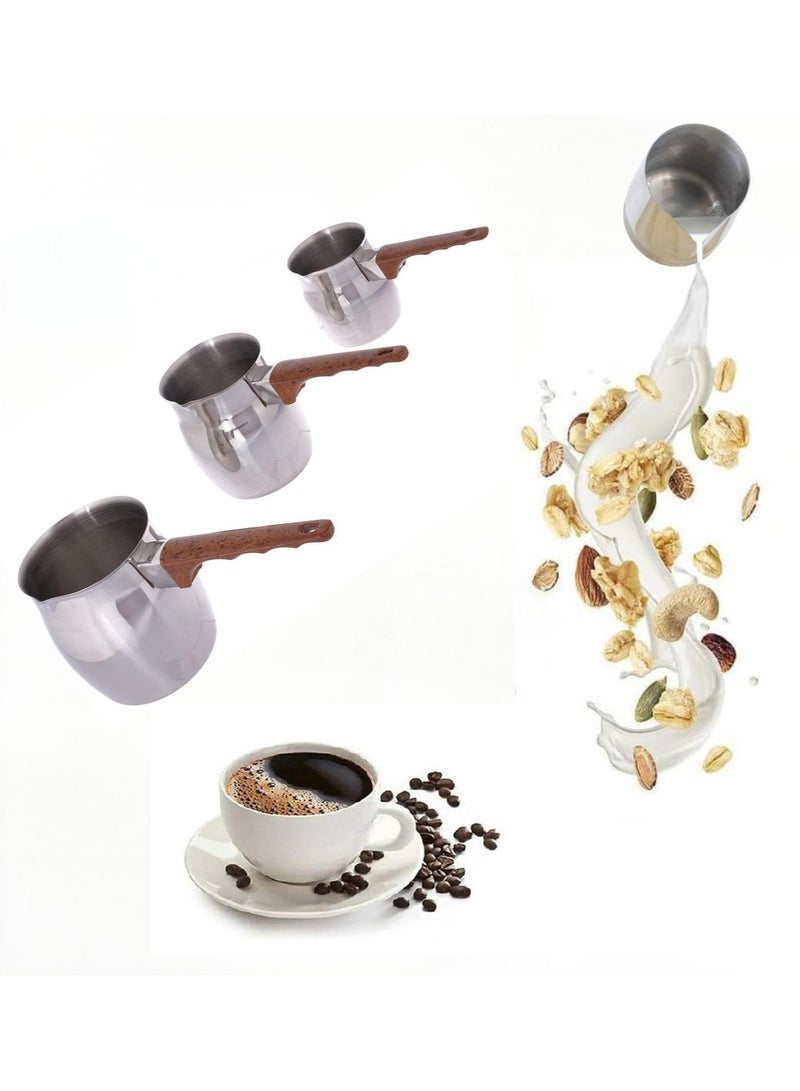 3 قطع من الفولاذ المقاوم للصدأ صانع القهوة العربية وعاء تسخين الشوكولاتة والحليب والزبدة وعاء تسخين صغير للزبدة مع فوهة موقد (200 مل، 400 مل، 600 مل، فضي) (فولاذ بمقبض بني) - Image 1
