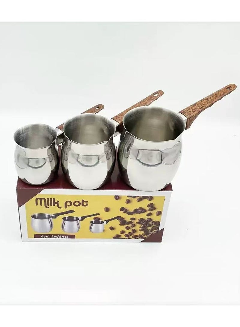 3 قطع من الفولاذ المقاوم للصدأ صانع القهوة العربية وعاء تسخين الشوكولاتة والحليب والزبدة وعاء تسخين صغير للزبدة مع فوهة موقد (200 مل، 400 مل، 600 مل، فضي) (فولاذ بمقبض بني) - Image 2