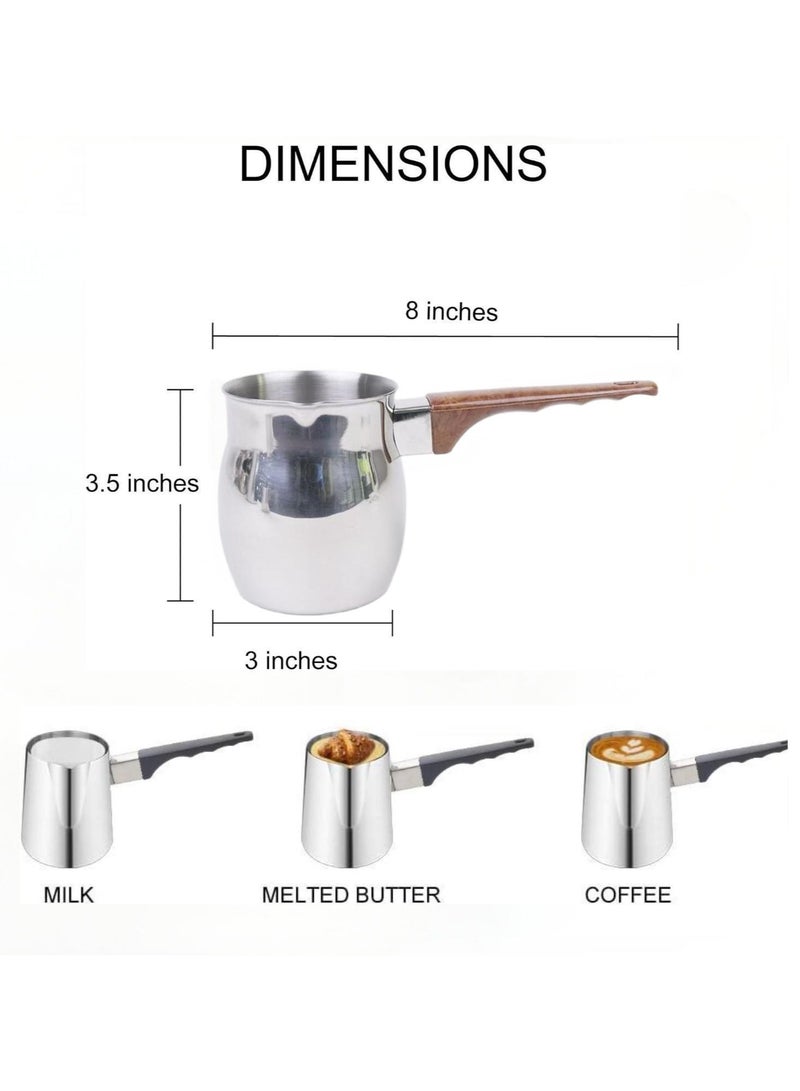3 قطع من الفولاذ المقاوم للصدأ صانع القهوة العربية وعاء تسخين الشوكولاتة والحليب والزبدة وعاء تسخين صغير للزبدة مع فوهة موقد (200 مل، 400 مل، 600 مل، فضي) (فولاذ بمقبض بني) - Image 4