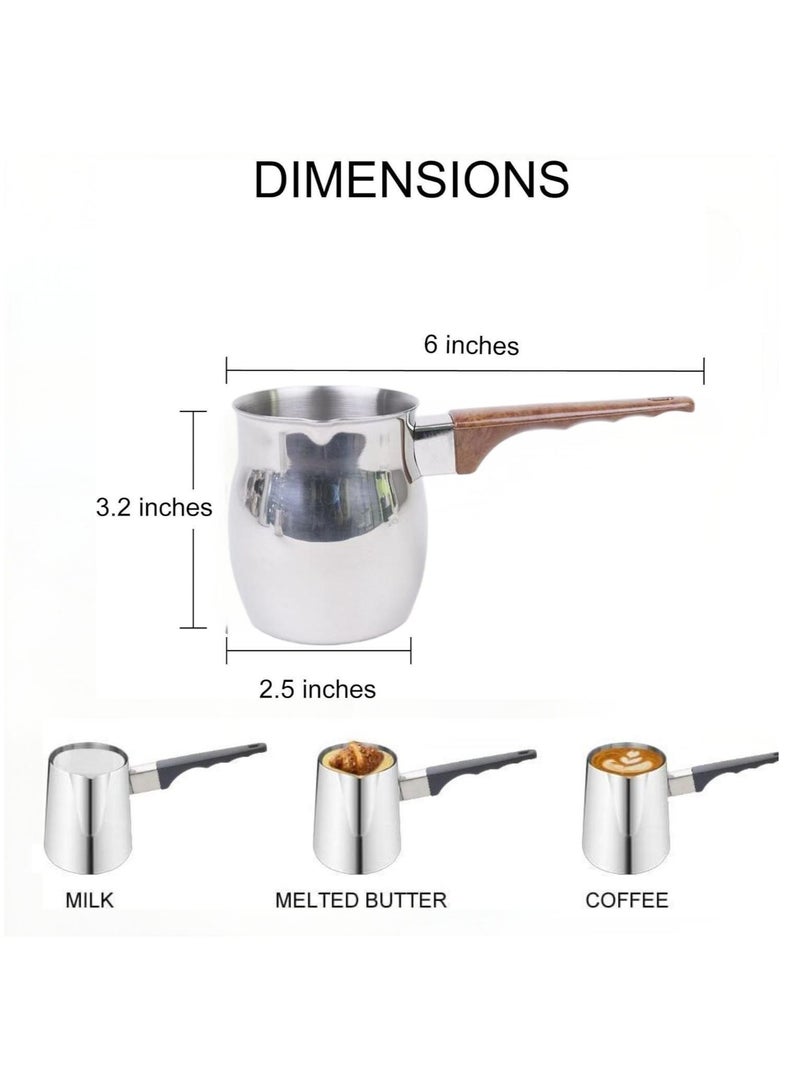 3 قطع من الفولاذ المقاوم للصدأ صانع القهوة العربية وعاء تسخين الشوكولاتة والحليب والزبدة وعاء تسخين صغير للزبدة مع فوهة موقد (200 مل، 400 مل، 600 مل، فضي) (فولاذ بمقبض بني) - Image 3