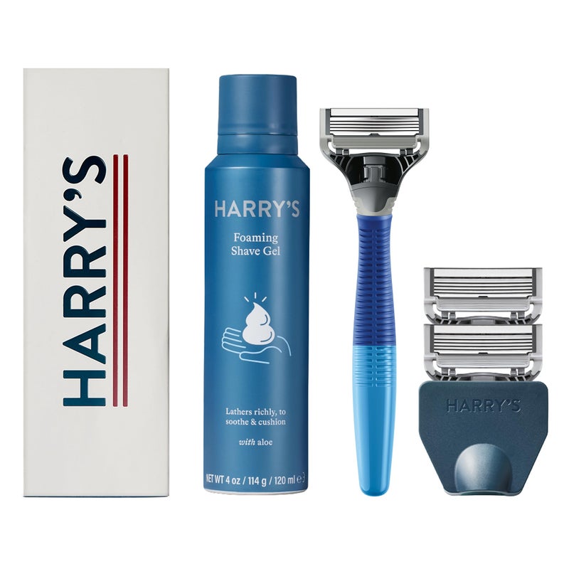 Harry's Shaving Kit for Men - Razor Handle, 3 Razor Blade Refills, Foaming Shave Gel, and Travel Blade Cover - Ocean Blue