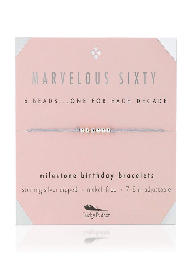 Lucky Feather 60th Birthday Gifts for Women - Sterling Silver Dipped Beads Bracelet on Adjustable Cord, 60th Birthday Jewelry Gift Ideas for 60 Year Old Woman - Image 1