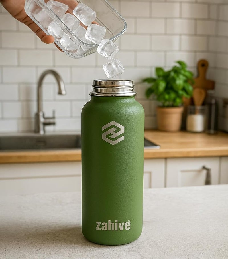 Zahive Insulated Water Bottle 1l with 3 Lids & Bag - Stainless Steel Water Bottle with Straw - 1000ml Double Wall Flask for Gym, Travel, Hot & Cold Drinks - Leak Proof (1 Liter, Army Green) - Image 5