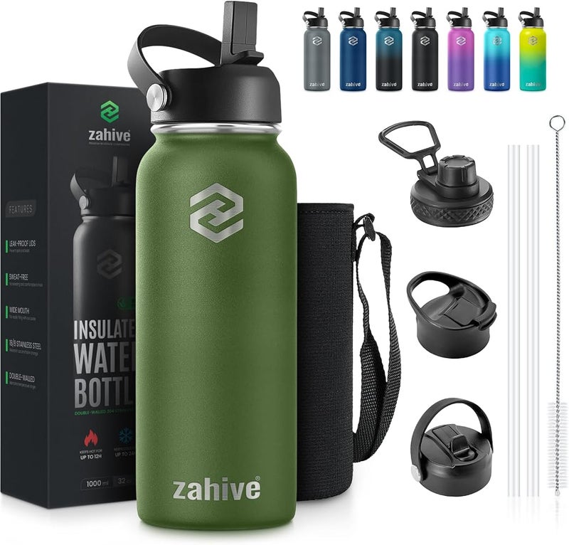 Zahive Insulated Water Bottle 1l with 3 Lids & Bag - Stainless Steel Water Bottle with Straw - 1000ml Double Wall Flask for Gym, Travel, Hot & Cold Drinks - Leak Proof (1 Liter, Army Green) - Image 1