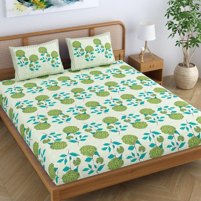 COTTON BLEND JAIPUR PRINTED DOUBLE BEDSHEET KING SIZE WITH 2 PILLOW COVERS TRADITIONAL FLORAL DESIGN FLORAL GREEN