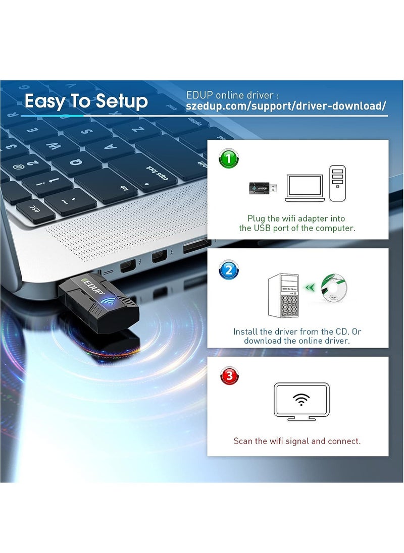 EDUP USB 3.0 Wireless WiFi Adapter AC1300Mbps for PC, USB Wi-Fi Dongle AC Mini Network Adapters 802.11ac 2.4GHz/5.8GHz Built-in Antenna for Windows 10/11/ 7/8/8.1/XP/Vista/Mac OS 10.6-10.15