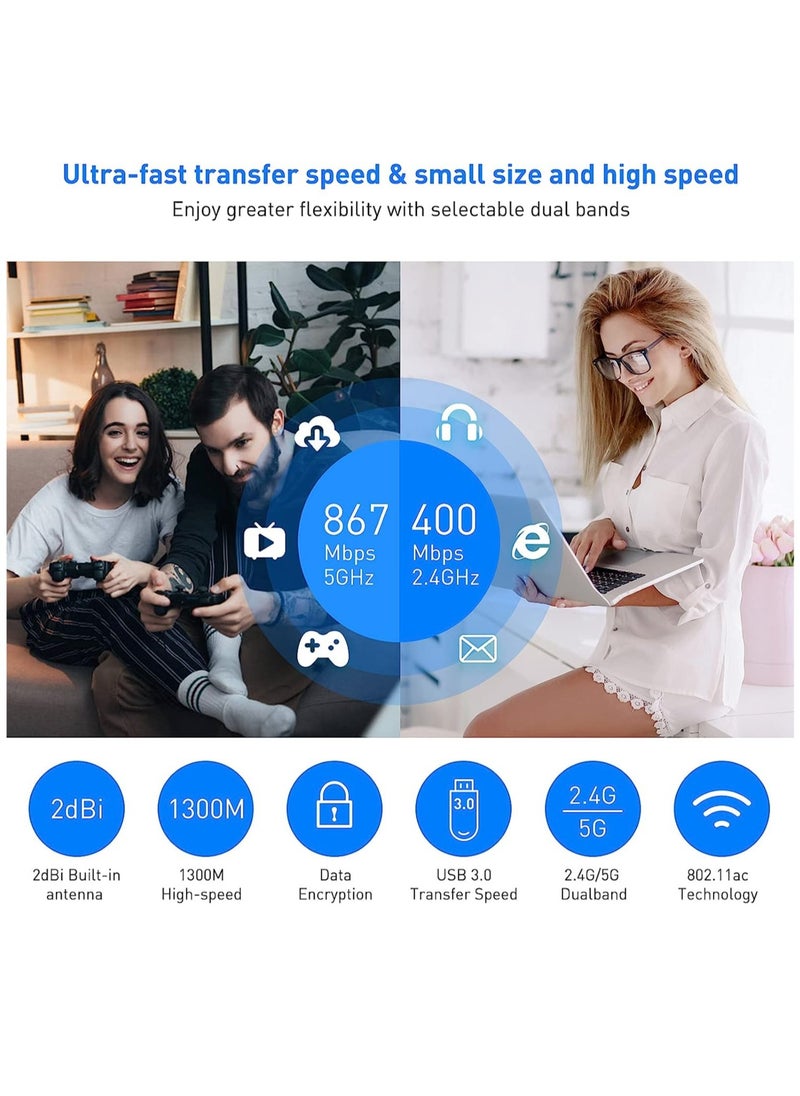 EDUP USB 3.0 Wireless WiFi Adapter AC1300Mbps for PC, USB Wi-Fi Dongle AC Mini Network Adapters 802.11ac 2.4GHz/5.8GHz Built-in Antenna for Windows 10/11/ 7/8/8.1/XP/Vista/Mac OS 10.6-10.15