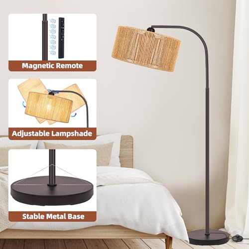 Brilvibera Boho Floor Lamp with Dimmable Bulb Nartual Rattan Adjustable Lampshade, Bronze Rustic Farmhouse Floor Lamps for Living Room, Bedroom, Office, Classroom - Image 5