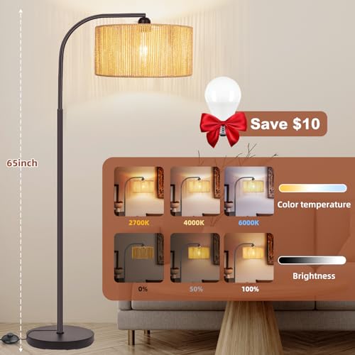 Brilvibera Boho Floor Lamp with Dimmable Bulb Nartual Rattan Adjustable Lampshade, Bronze Rustic Farmhouse Floor Lamps for Living Room, Bedroom, Office, Classroom - Image 2