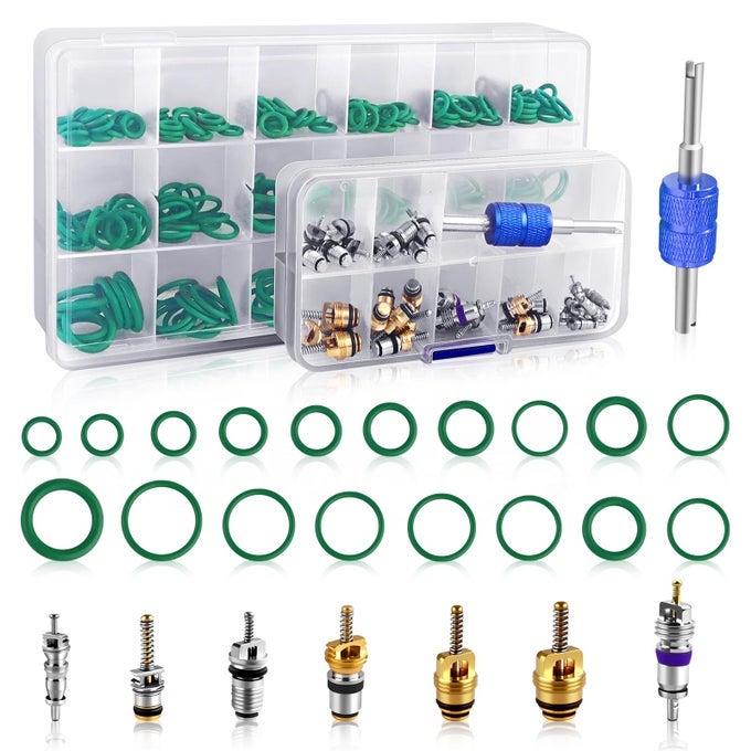 Car Ac Repair Kit 270Pcs Ac O Ring Kit 40Pcs Ac Valve Core Kit For R12 R134A R22 Refrigeration System With Removal Install Tool Air Conditioning Seal Washer Valve Core Assortment Kit