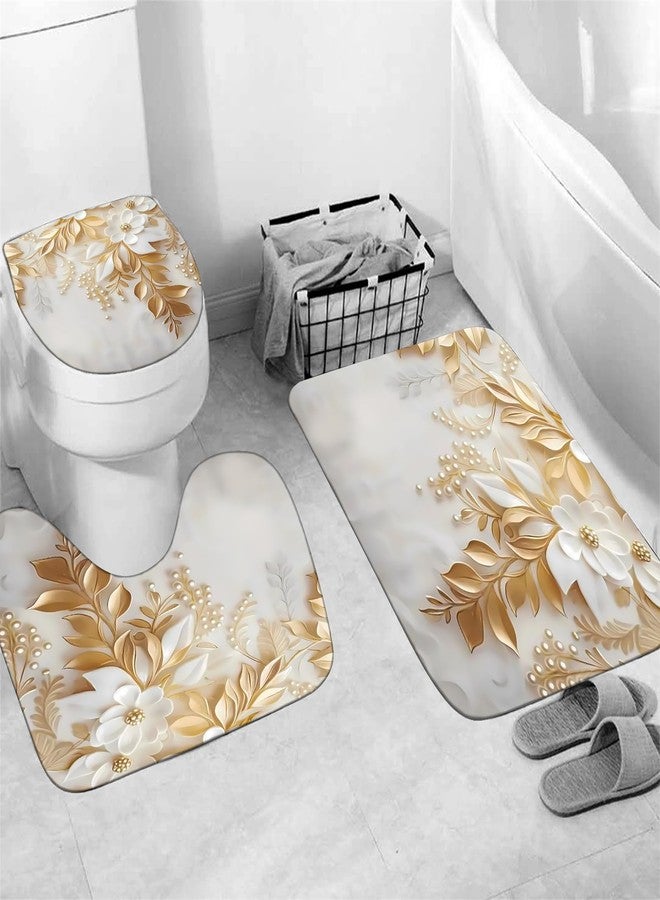 Chrainy 4Pcs White Flowers Shower Curtain Sets Elegant Blossom Floral Bathroom Accessories Set Butterfly Modern Waterproof Bathroom Decor with Rugs and 12 Hooks - Image 4