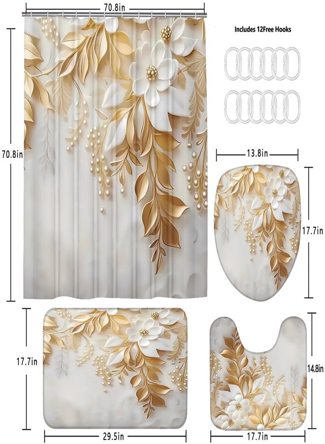 Chrainy 4Pcs White Flowers Shower Curtain Sets Elegant Blossom Floral Bathroom Accessories Set Butterfly Modern Waterproof Bathroom Decor with Rugs and 12 Hooks - Image 5