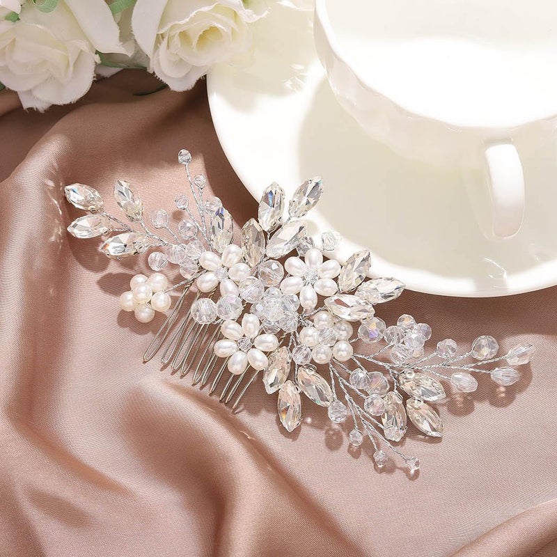 JAKAWIN JAKAWIN Bride Wedding Hair Comb Pearl Flower Hair Piece Rhinestone Bridal Hair Accessories for Women HC034 (Silver)  - Image 2