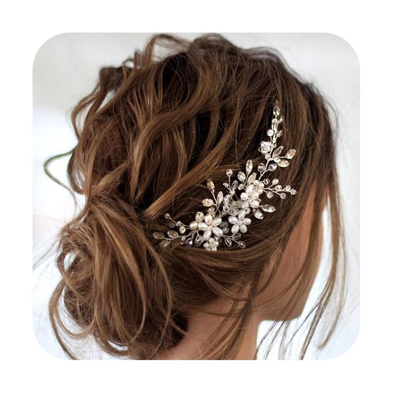 JAKAWIN JAKAWIN Bride Wedding Hair Comb Pearl Flower Hair Piece Rhinestone Bridal Hair Accessories for Women HC034 (Silver)  - Image 1