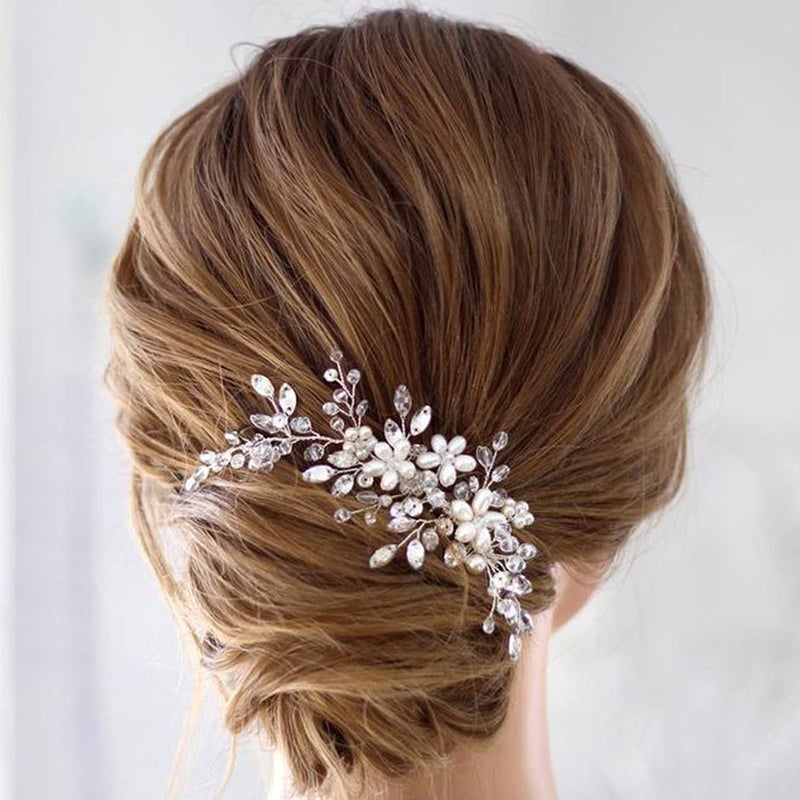 JAKAWIN JAKAWIN Bride Wedding Hair Comb Pearl Flower Hair Piece Rhinestone Bridal Hair Accessories for Women HC034 (Silver)  - Image 3