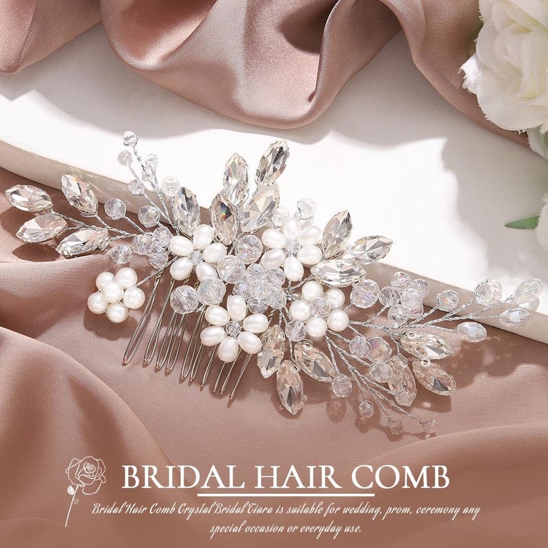 JAKAWIN JAKAWIN Bride Wedding Hair Comb Pearl Flower Hair Piece Rhinestone Bridal Hair Accessories for Women HC034 (Silver)  - Image 4